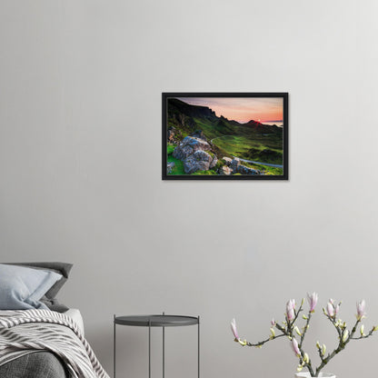 Rugged Quiraing cliffs bathed in golden light in wall art