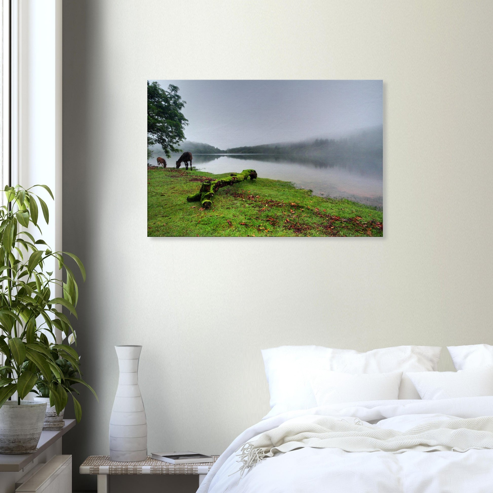 Dreamlike Dartmoor reservoir scene with mist and soft light