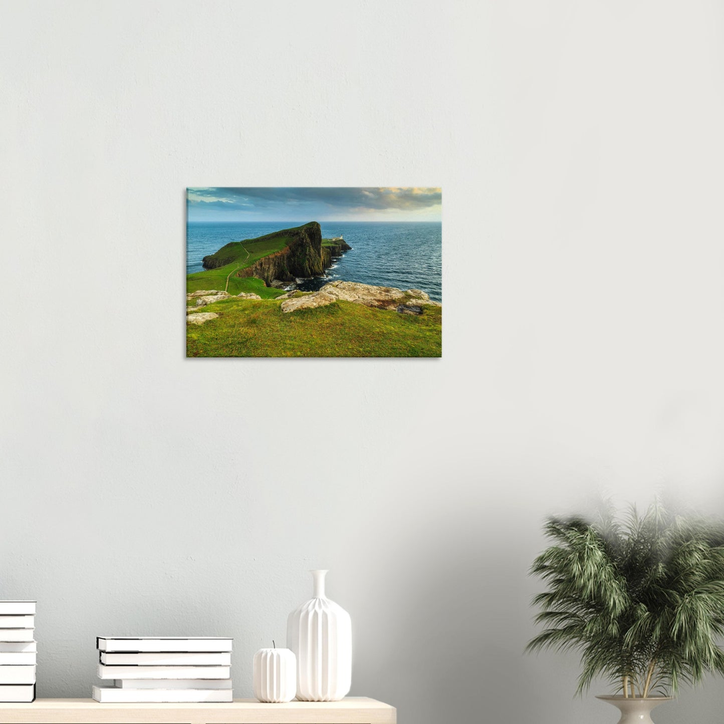 Panoramic canvas view of Neist Point with walking path, lighthouse, and dramatic Scottish coastline.
