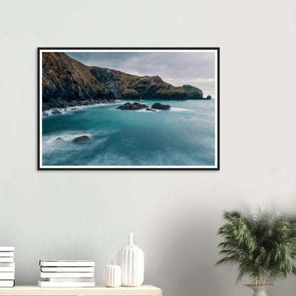 Atmospheric framed print of Mullion Cove coastal cliffs