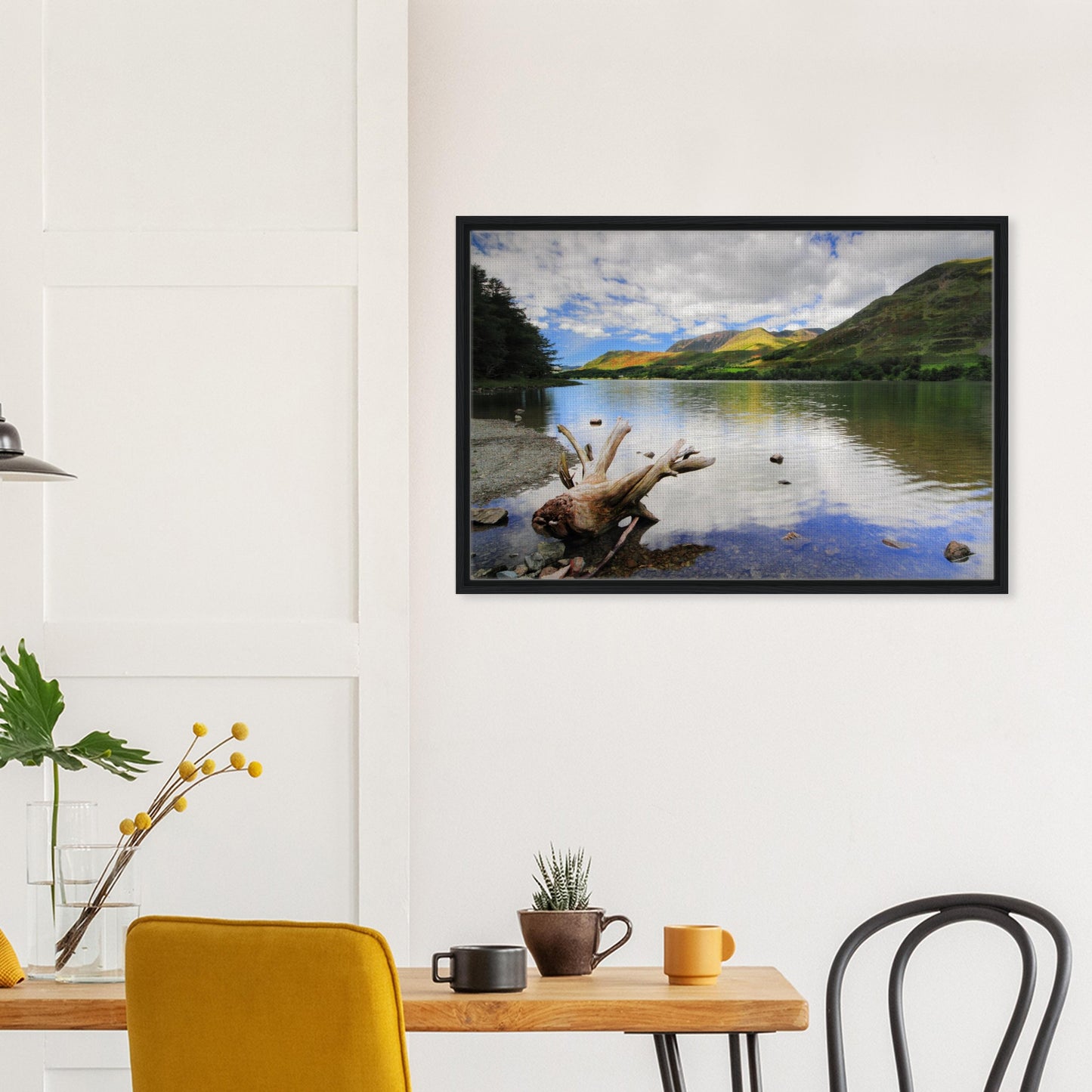 Weathered wood and lake reflections at Buttermere in canvas