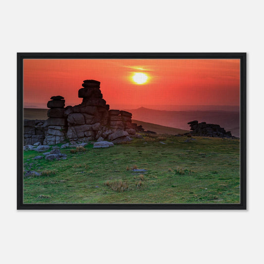 Dartmoor granite outcrops silhouetted against orange sky print