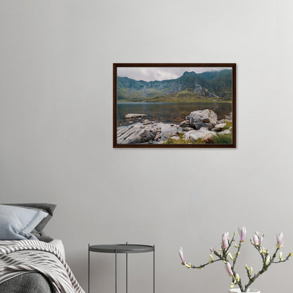 Framed landscape of Llyn Idwal at peace