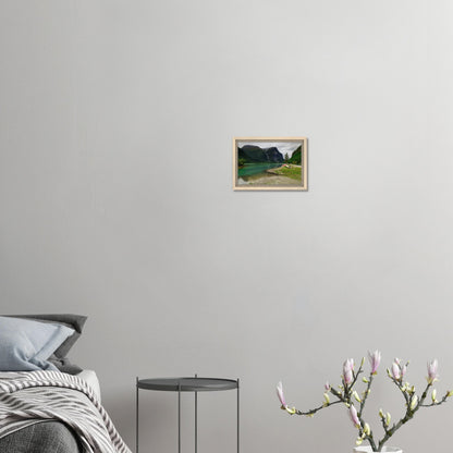 Emerald lake with boats and mountain backdrop in Norway print