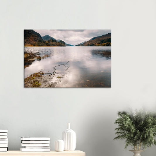 Moody Loch Shiel canvas print with still waters and misty sky