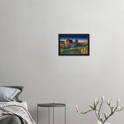 Framed artwork of Dartmoor sunrise at remote stone farm