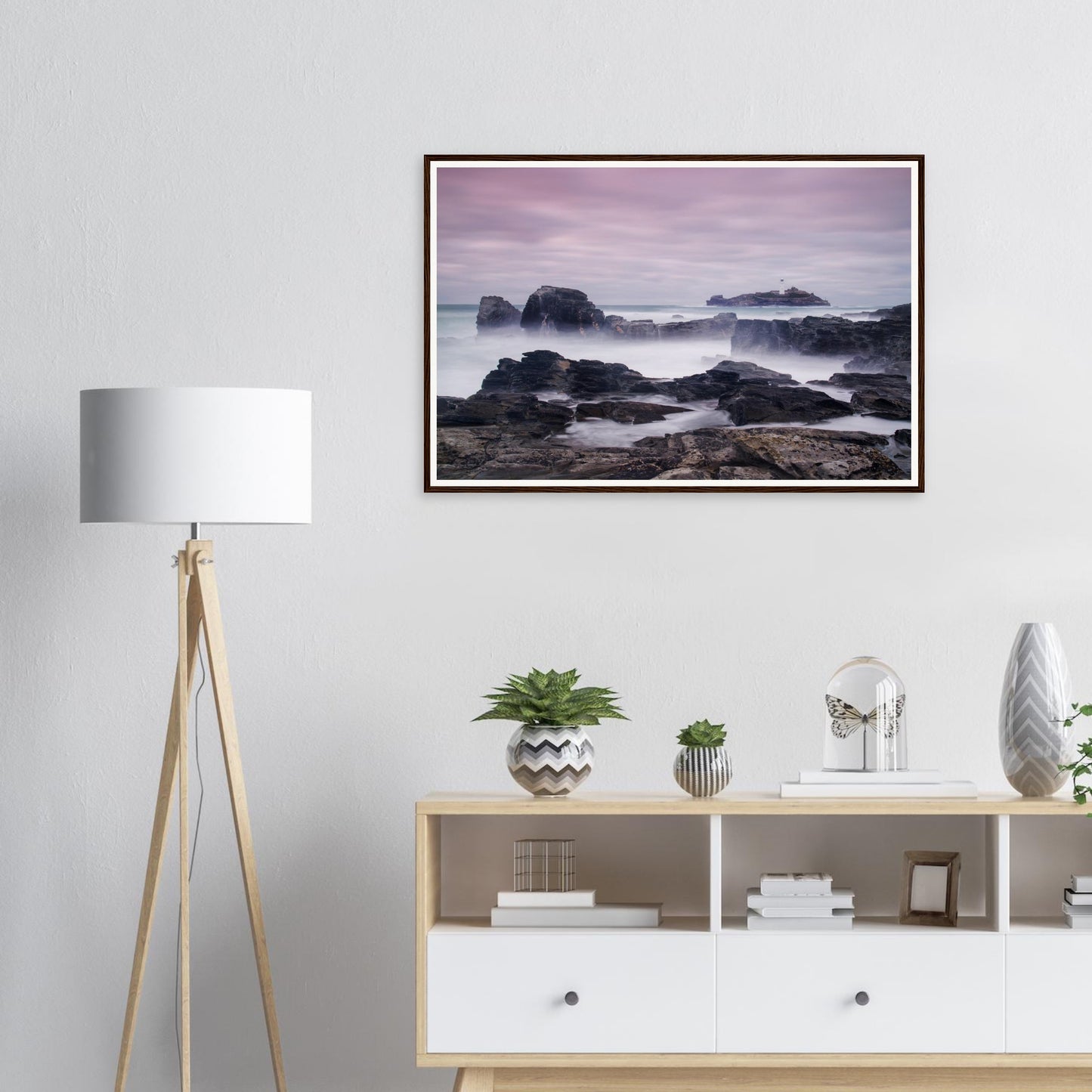 Serene seascape framed print of Godrevy Lighthouse in Cornwall