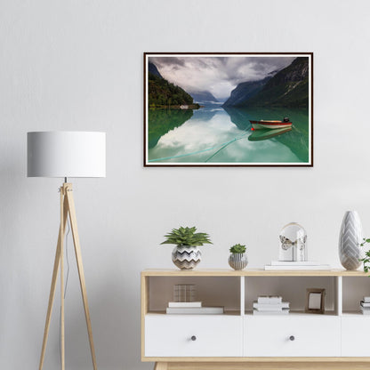 Scenic Norwegian framed print of Lovatnet Lake emerald scene