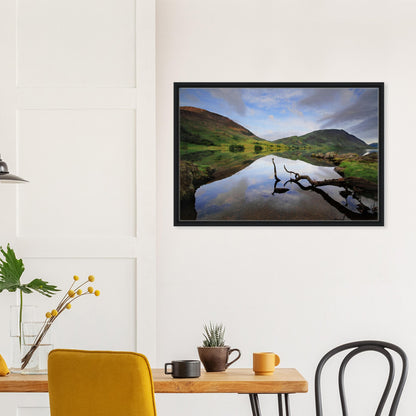 Artistic landscape canvas with branch reflected in Crummock lake