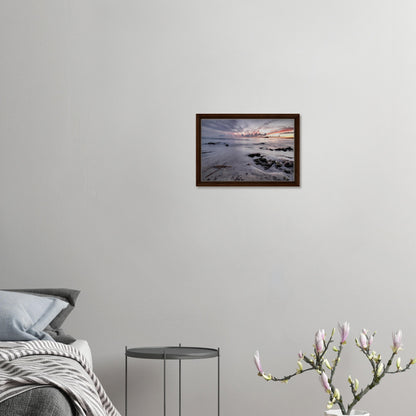 Framed artwork of Wembury coastline with muted sunset tones