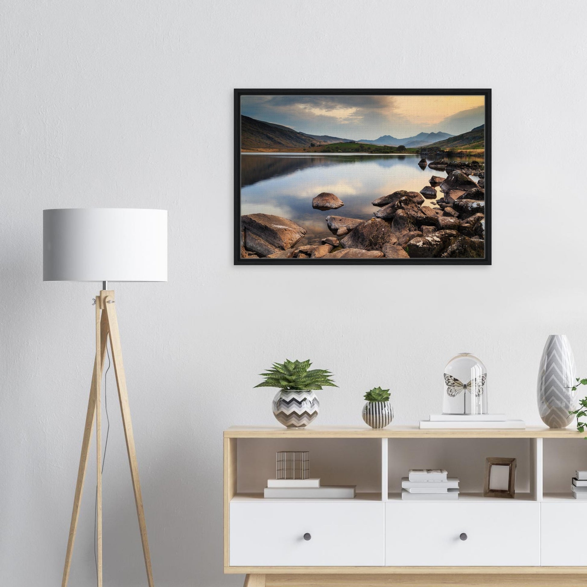 Canvas of rocks and water at Llynnau Mymbyr during golden hour