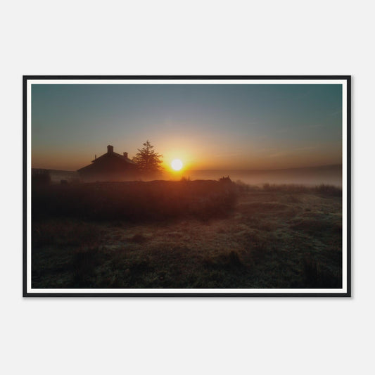 Scenic Dartmoor sunrise framed wall art with farmhouse silhouette