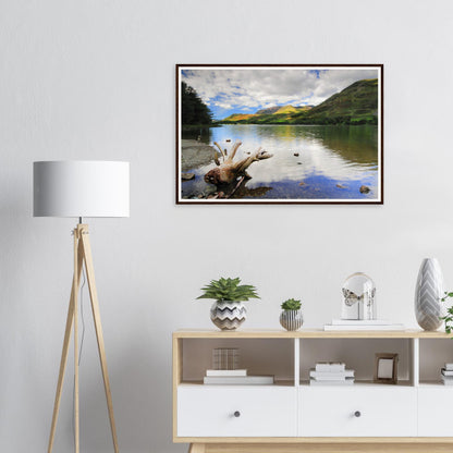 Framed print of Buttermere with vibrant green fells and blue sky
