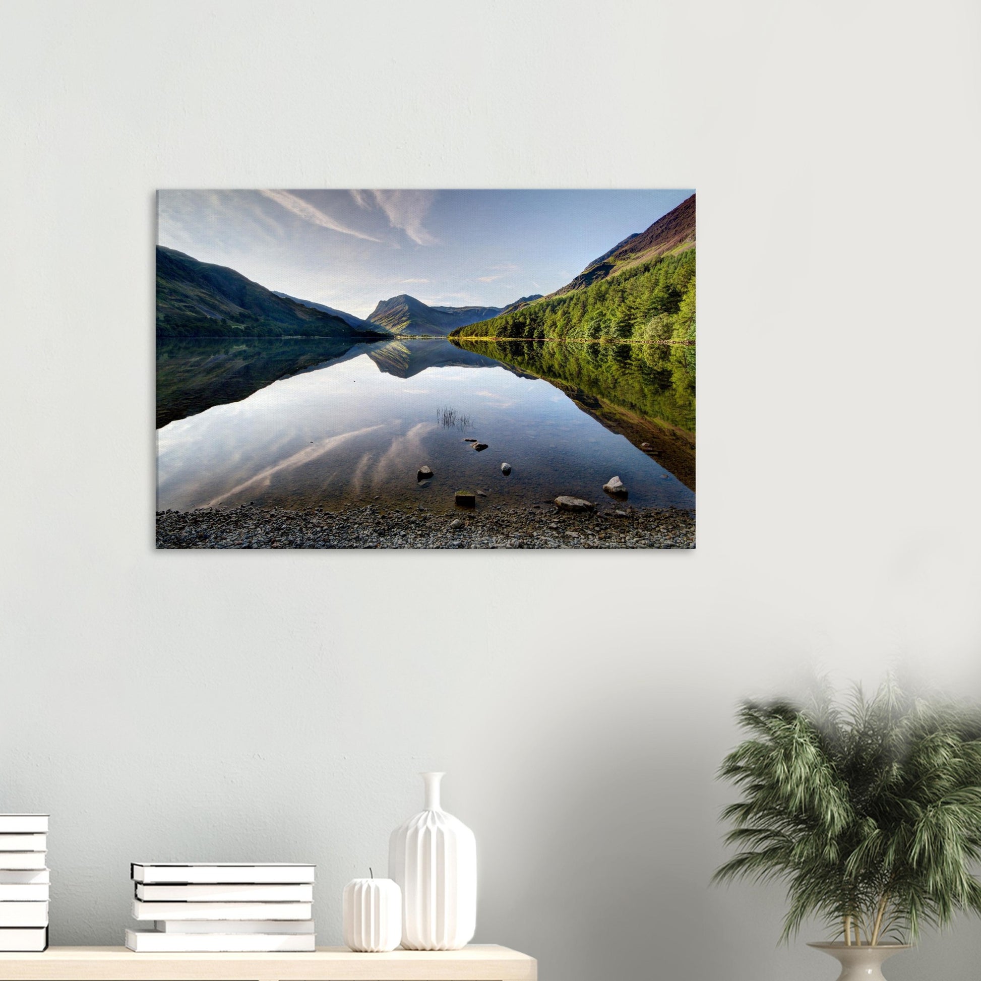 Buttermere landscape canvas print showing peaceful waters, reflected mountains, and subtle morning light across the rugged terrain.