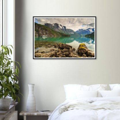 Framed print of Strynevatnet Lake Norway with peaceful boat