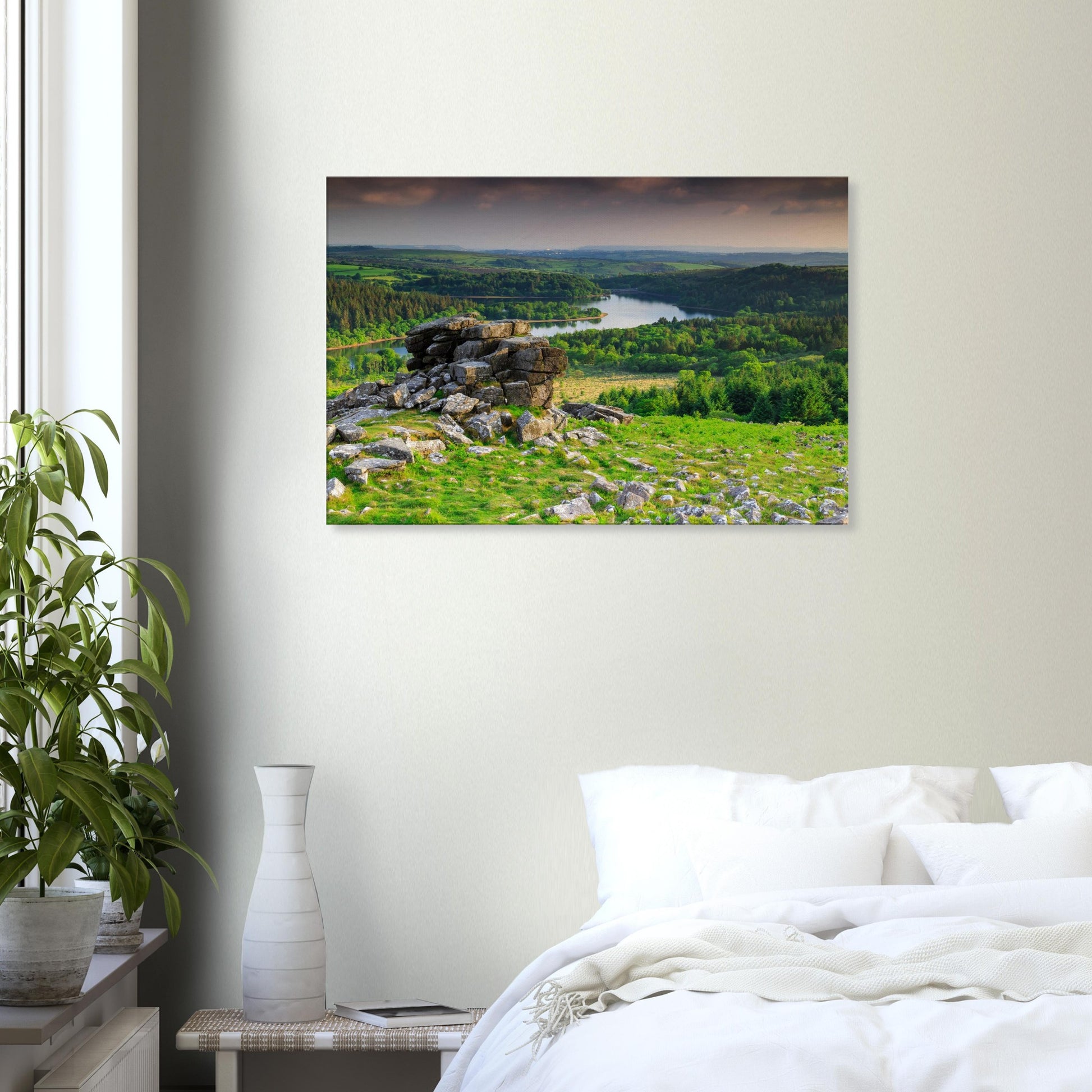 Scenic Dartmoor composition of rock, water, and woodland, with Leather Tor focus.