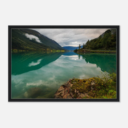 Norway landscape with lake and green valley in wall art print