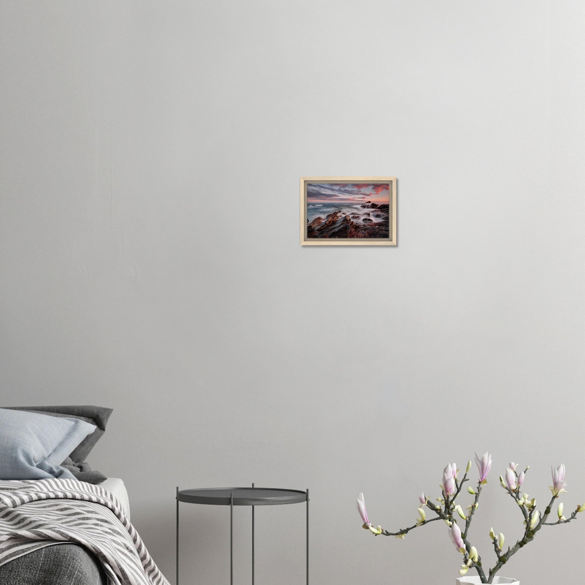Framed canvas print of Wembury Beach sunset with jagged rocks
