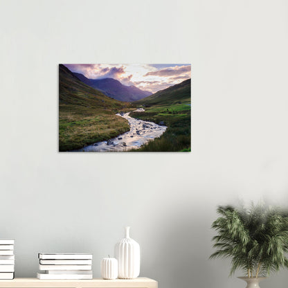 Lake District canvas featuring a tranquil valley at Honister Pass, bathed in golden hour light with majestic mountains behind.
