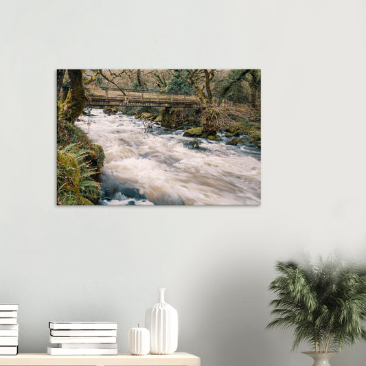 Canvas Print of the River Plym rushing beneath a wooden bridge in Shaugh Prior, Dartmoor