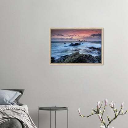 Heybrook Bay framed canvas with glowing sky and jagged rocks