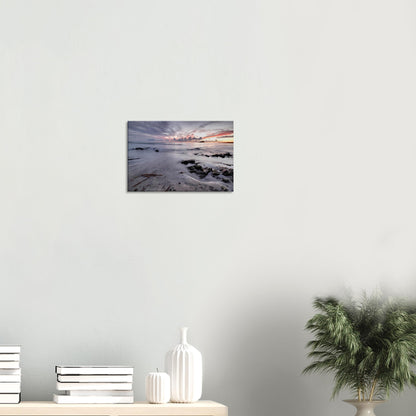 Coastal landscape canvas print of Wembury Beach, Devon, with fading golden hour light, silhouetted Mewstone, and driftwood-strewn shore.
