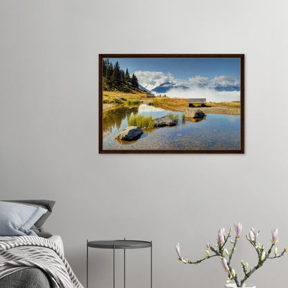Mountain bench above cloudline at Panoramabahn in canvas print