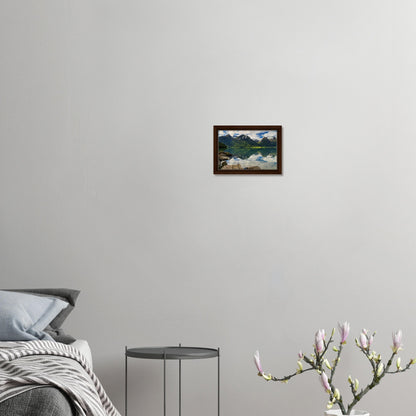 Serene Norwegian lake scene with dramatic landscape