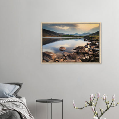 Framed landscape canvas of Llynnau Mymbyr at golden hour