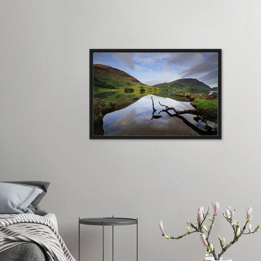 Framed canvas print of Crummock Water with branch reflection