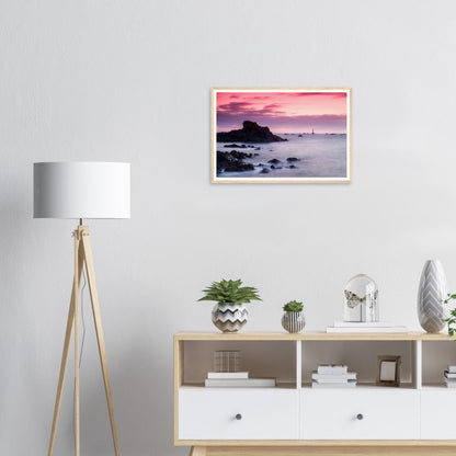 Atmospheric Guernsey sunset framed wall art of lighthouse and rocks
