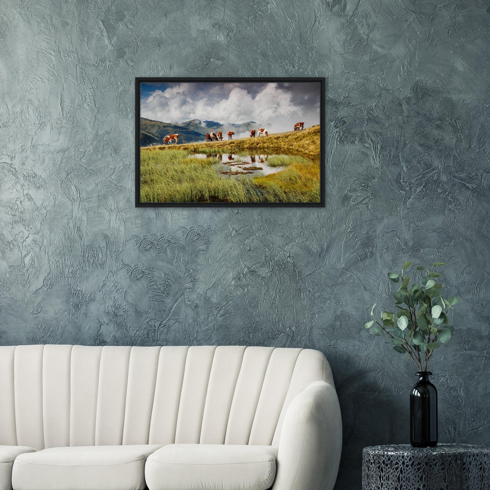 Mountain mist and cow reflections in Resterhöhe framed print