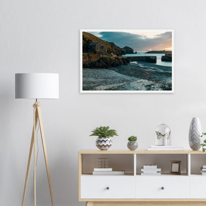 Framed print of Mullion Cove Cornwall with stone harbour house