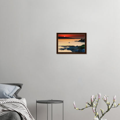 Devon coast sunset with glowing horizon and calm water in artwork