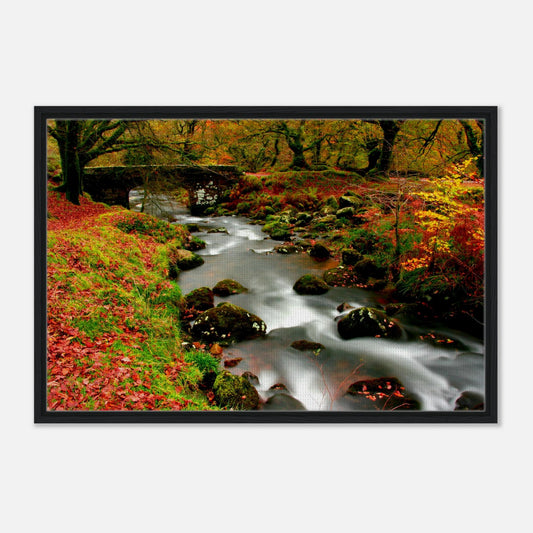 Autumn colours at Burrator Reservoir with stone bridge and flowing stream