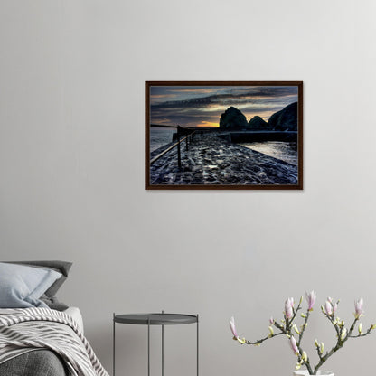 Mullion Cove framed print with iconic cliffs and slipway