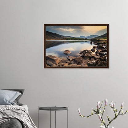 Tranquil scene from Snowdonia’s Llynnau Mymbyr at sunset