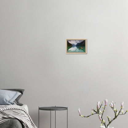Solitary red boat tethered at Lovatnet shore in canvas print