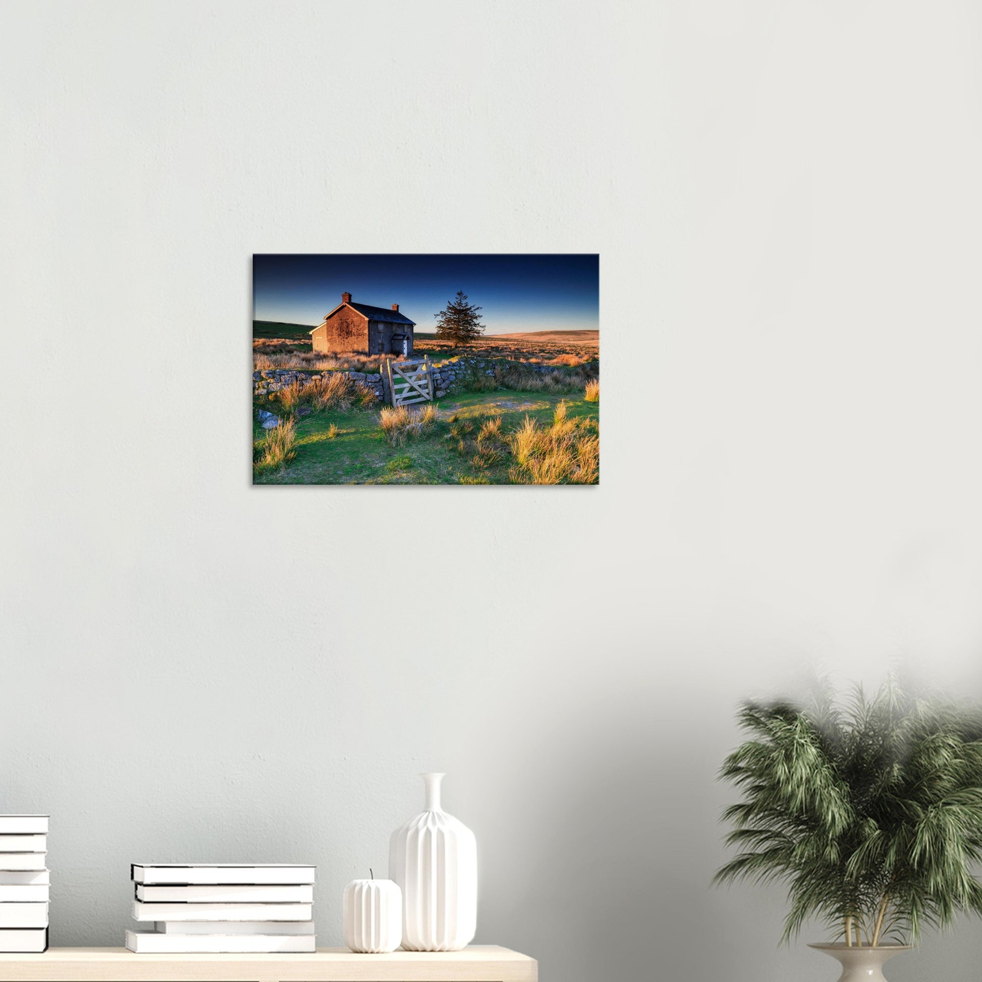 Rustic Dartmoor farmhouse with lone tree at sunrise, canvas landscape print.