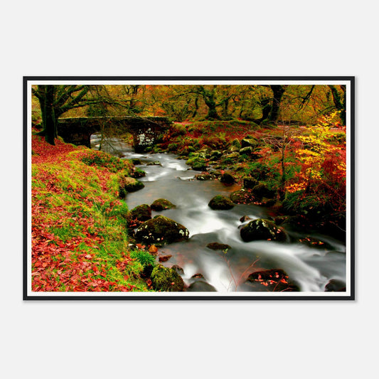 Autumn colours at Burrator Reservoir with stone bridge and stream