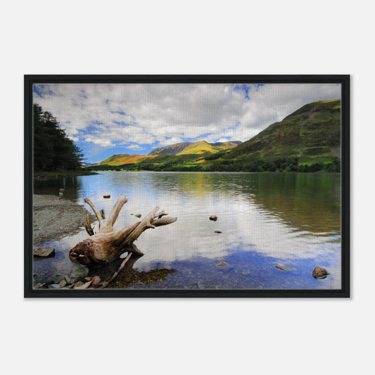 Calm Buttermere waters reflecting clouds and green fells in wall art
