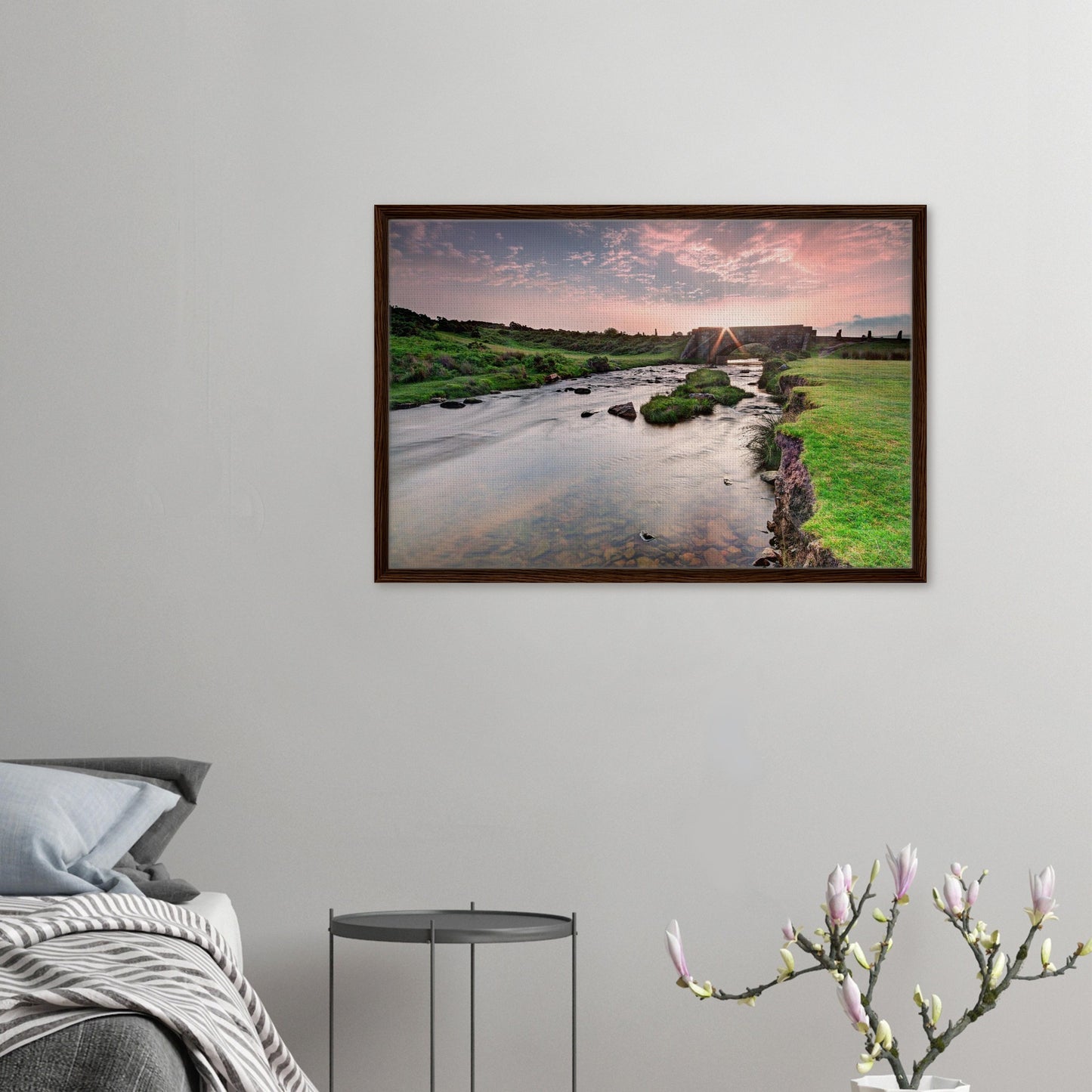 Serene Dartmoor sunrise with golden sky and flowing stream