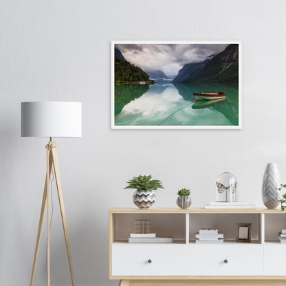Serene Norwegian lake framed wall art of Lovatnet reflections