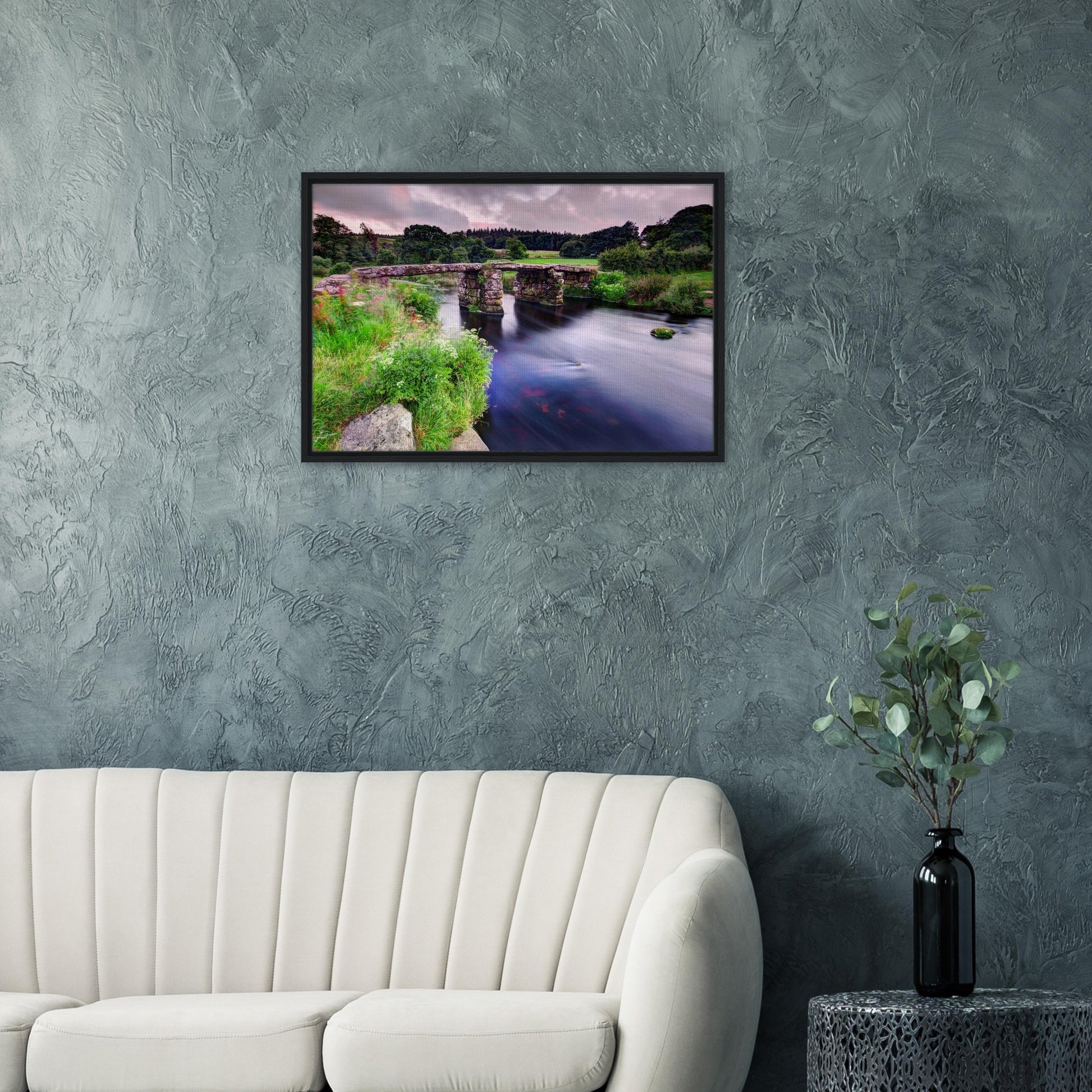 Dartmoor framed canvas print with flowing river and rustic bridge