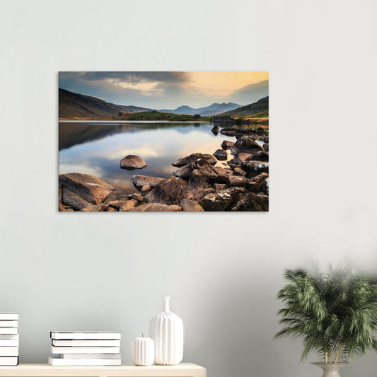 Canvas print of Llynnau Mymbyr lake at dusk with soft glowing sky reflected on tranquil waters