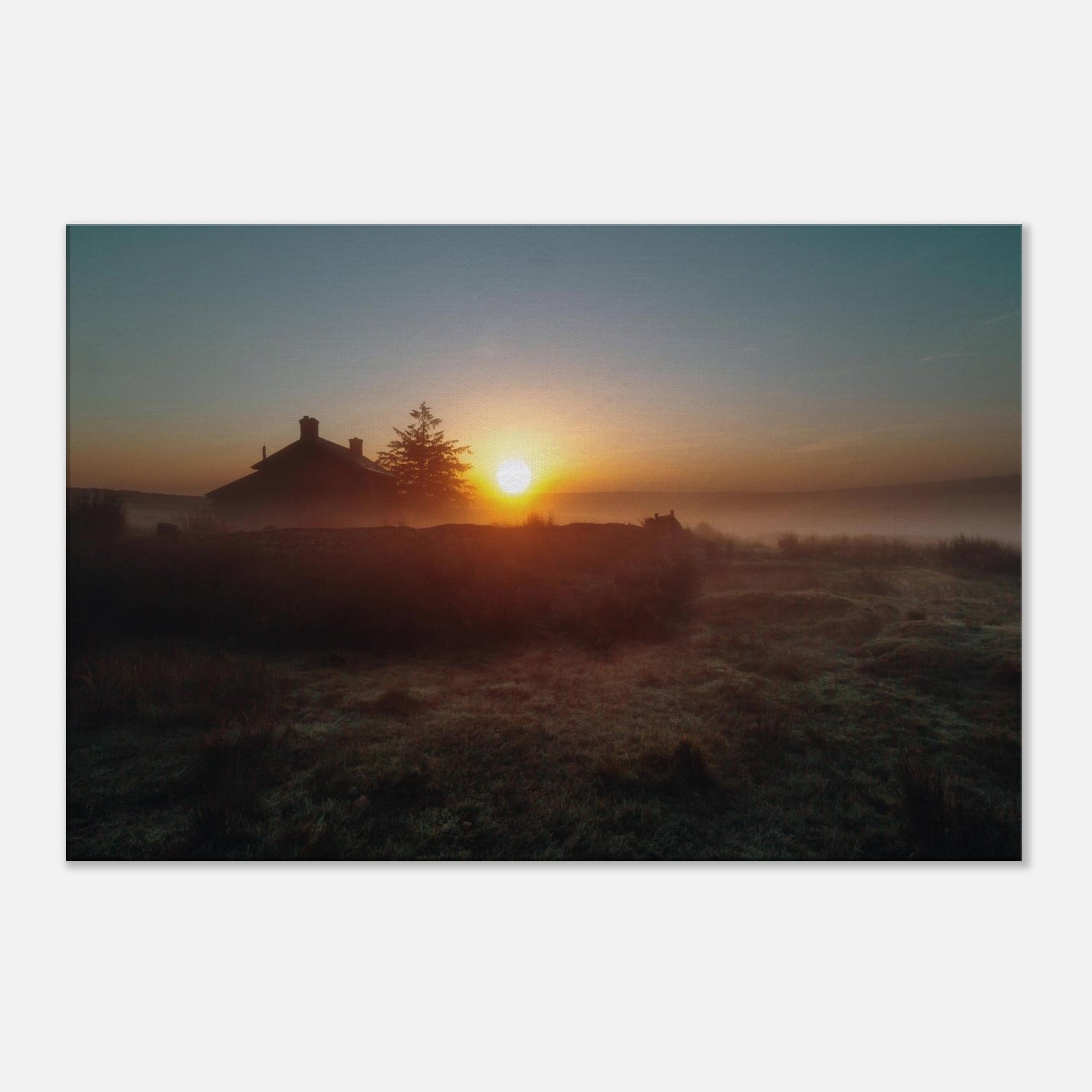 Canvas Print of Dartmoor’s Nun’s Cross Farm bathed in warm sunrise light