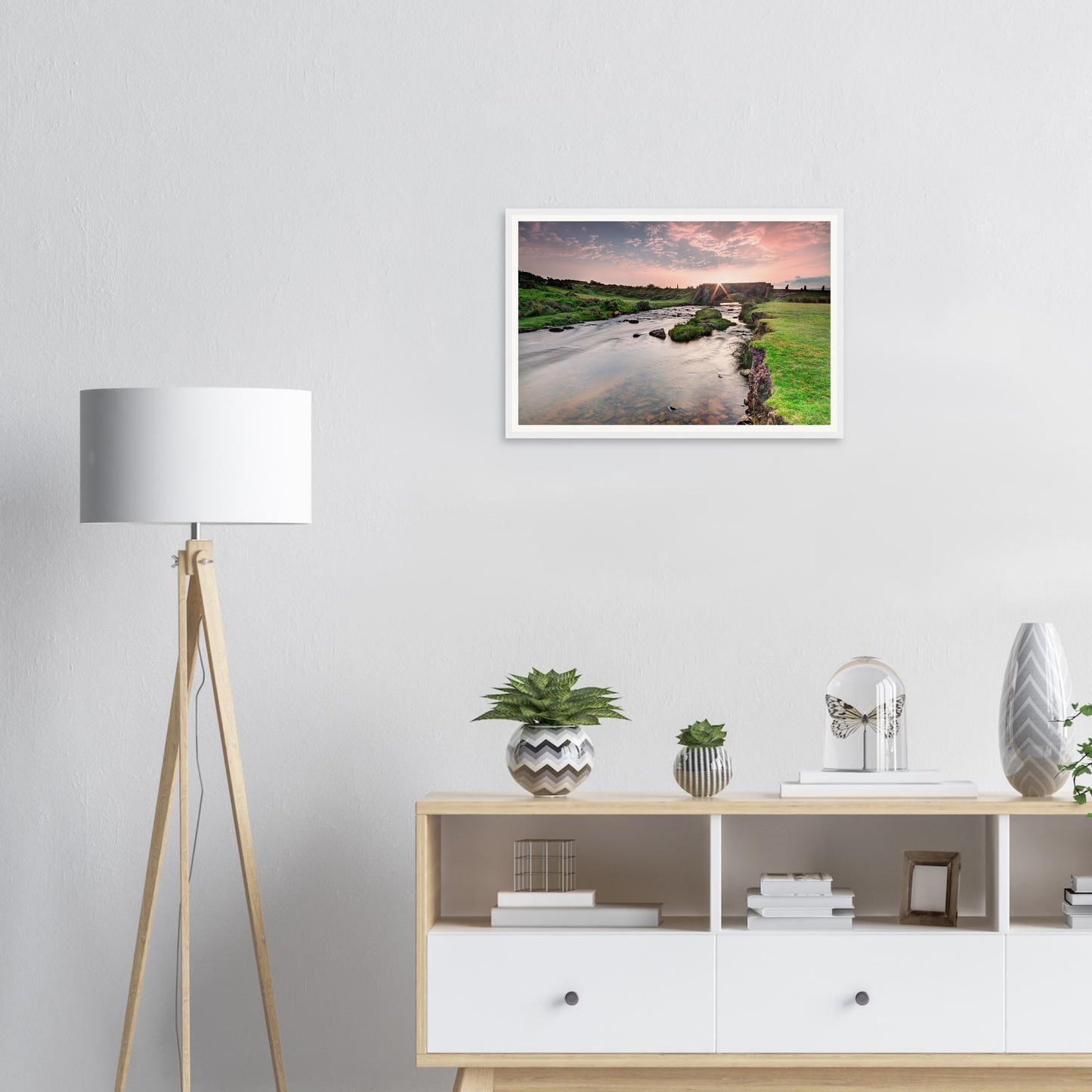 Dartmoor countryside sunrise framed wall art with river reflections