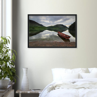 Crummock Water and red boat in minimalist landscape canvas