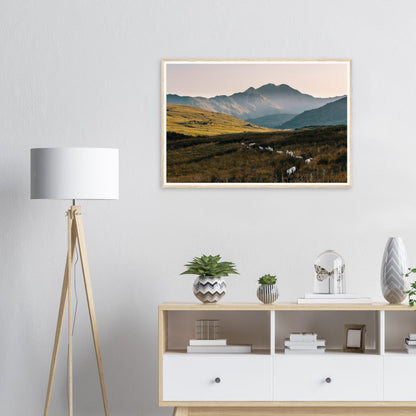 Tranquil framed wall art of Snowdonia sunset in amber glow