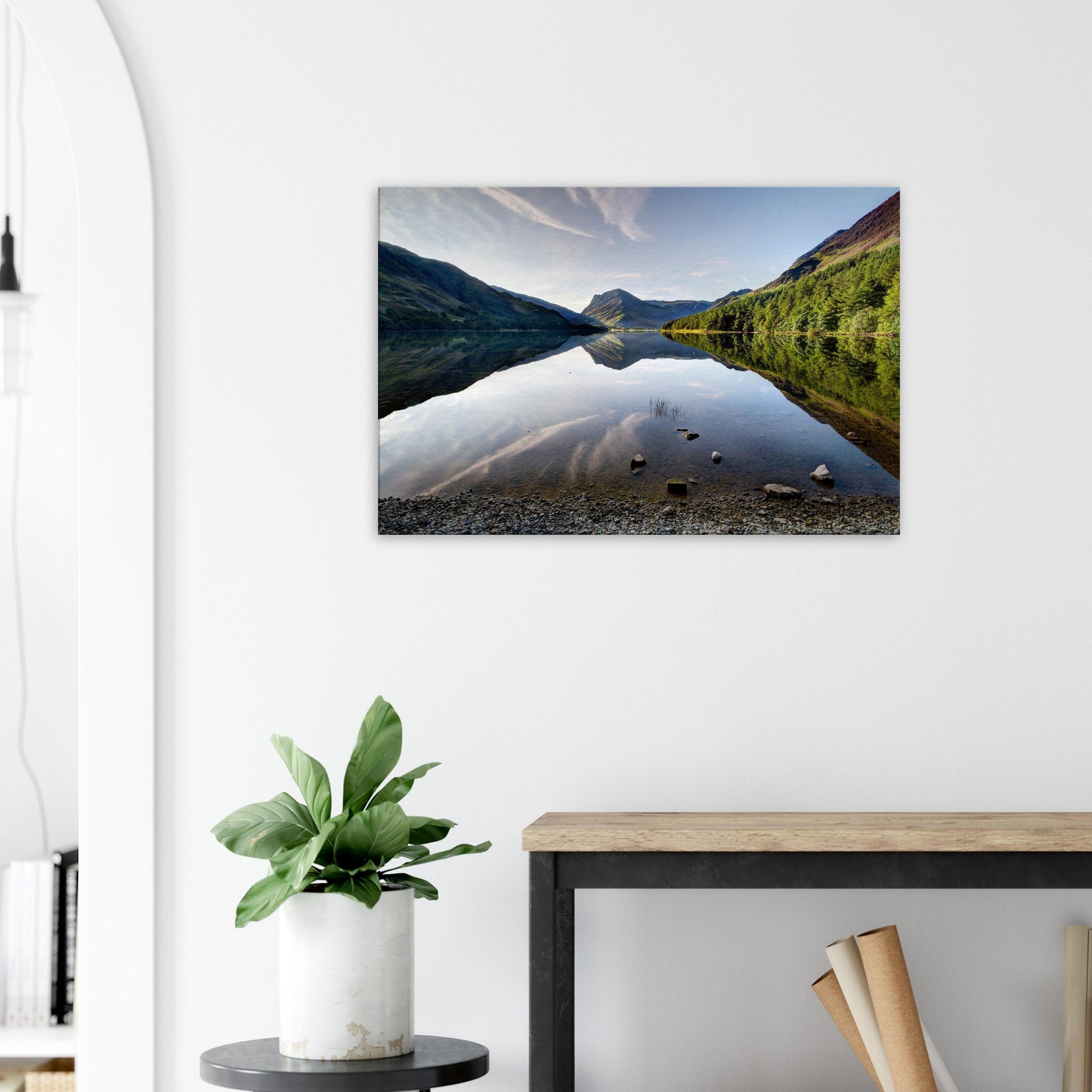 Canvas artwork of Buttermere Lake in the Lake District with flawless reflections and morning light gently highlighting the fell tops.